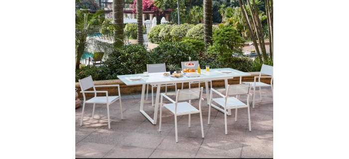 JAR0308 table extensible alu. avec plateau en verre 160/240 + 6 fauteuils assise textilène – Blanc