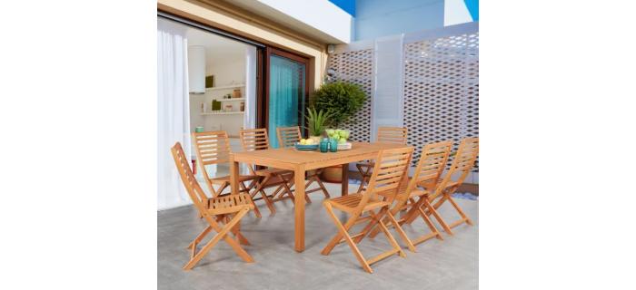JAR0316 Salon de jardin en bois eucalyptus FSC 8 personnes - Table 180 x 90 cm + 8 chaises pliantes