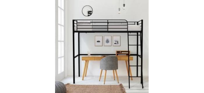 LIT0171 Lit mezzanine 90 x 190 cm - Noir - En métal - Sommier inclus