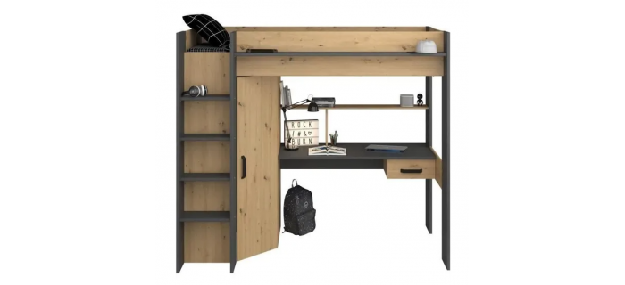 LIT0342 Lit combiné mezzanine enfant PARISOT HIGH - Chêne et gris - Sommier inclus