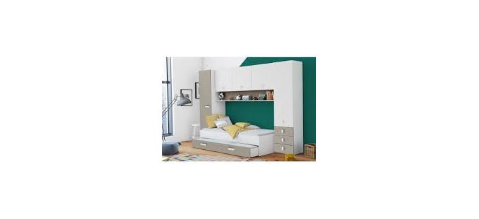 LIT0457 Lit gigogne enfant avec multiples rangements - Décor blanc/argile – 90 x200 cm