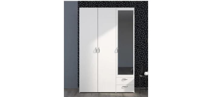 MEU0367 Armoire VARIA - Décor blanc - 3 portes battantes + miroir + 2 tiroirs - L 120 x H 185 x P 51 cm