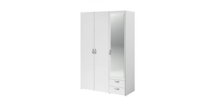 0367MEU Armoire VARIA - Décor blanc - 3 portes battantes + miroir + 2 tiroirs - L 120 x H 185 x P 51 cm