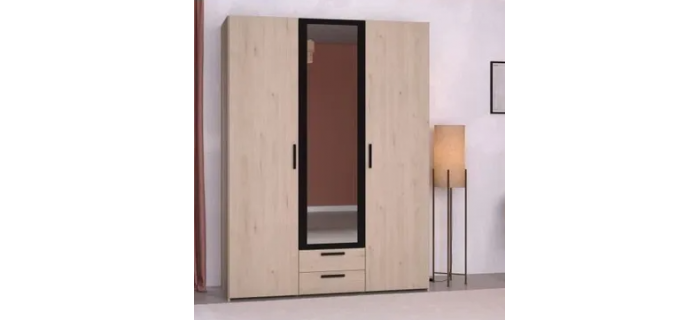 MEU0518 Armoire - Décor chêne et noir - 3 portes battantes + 2 tiroirs + 1 miroir - L 150 x H 200 x P 51 cm