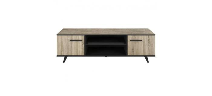 MEU0593 Meuble TV - Décor chêne brossé et noir mat - L 151,4 cm
