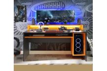 BUR0043 TEZAUR Bureau multi media + LED - Décor noir et orange - L 160cm