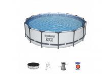 JAR0160 Kit Piscine 457 x 107 cm hors sol tubulaire BESTWAY Steel Pro Max™-Ronde (Avec pompe de filtration, échelle + bâche)