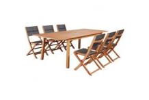 JAR0328 Bois Eucalyptus FSC Ensemble repas de jardin - Table extensible 180/240 x 100 cm + 6 chaises assises textilène