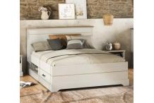 LIT0199 Lit adulte 160x200 cm - Mélamine blanc et décor chêne - 2 Tiroirs