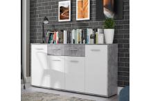 MEU0338 Buffet bas PILVI - 4 portes et 2 tiroirs - Blanc et béton clair - L 162 cm