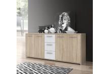 MEU0350 Buffet bas - 4 portes et 3 tiroirs - Blanc mat et chêne sonoma - L 179cm