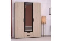 MEU0518 Armoire - Décor chêne et noir - 3 portes battantes + 2 tiroirs + 1 miroir - L 150 x H 200 x P 51 cm
