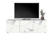 MEU0622 Meuble TV - Blanc laqué brillant avec sérigraphie miroir - L181 x P43 x H57 cm - VICTORY